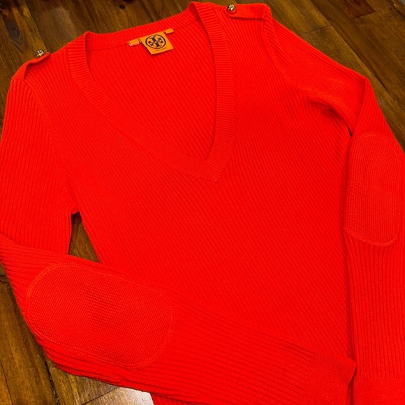 Tory Burch Orange Cashmere Ribbed V-Neck Sweater Elbow Patches Gold Button Large - Picture 2 of 8